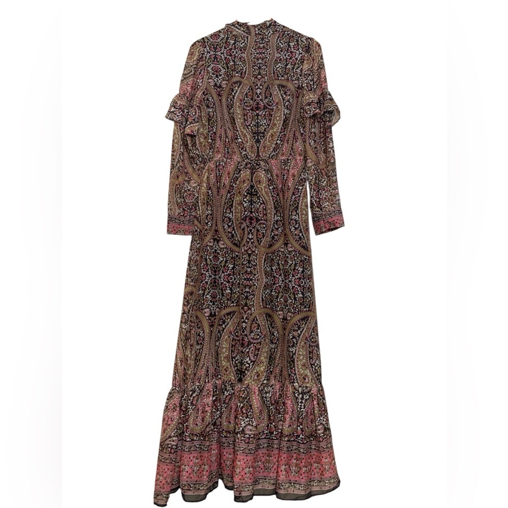 Walter Baker Maxi Dress Womens Size M Brown Paisley Tie Neck Ruffle Long Slv - Picture 3 of 5